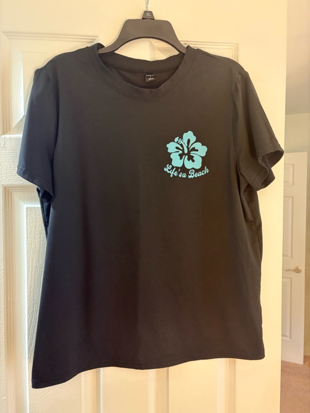 Life's a Beach Women’s Black Tee with Aqua Hibiscus Graphic